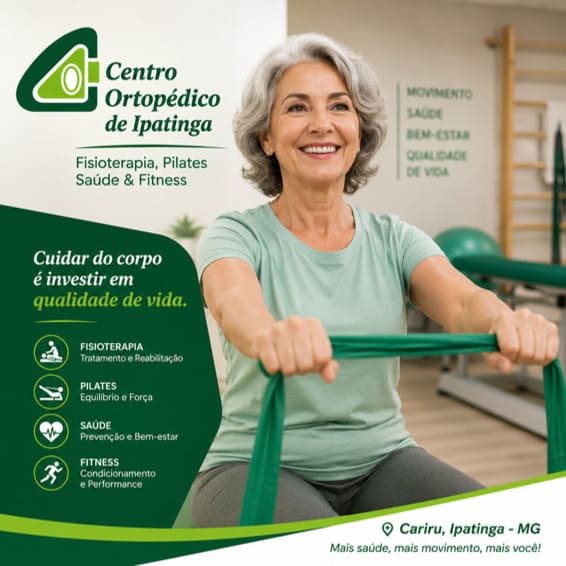 Mulher da terceira idade realizando fisioterapia no Centro Ortopédico de Ipatinga, no bairro Cariru, com foco em saúde, mobilidade e qualidade de vida.